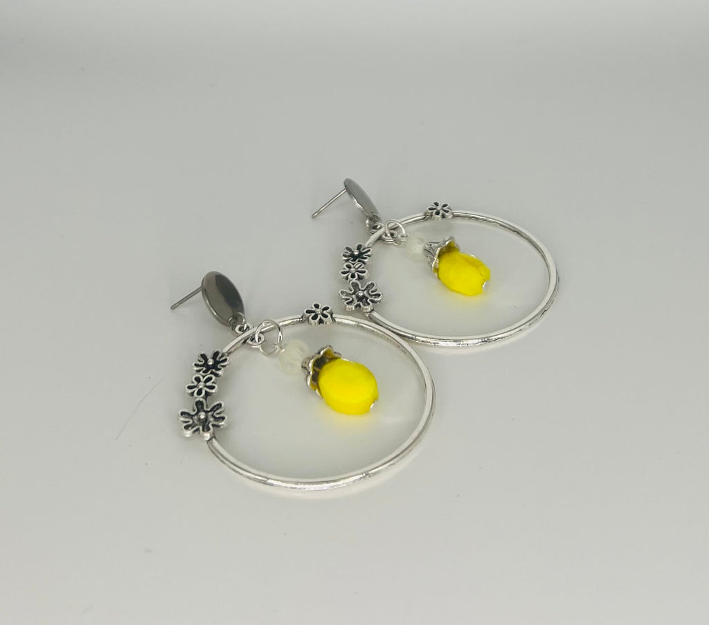 Antique Silver Tone and Yellow Hoop Earrings