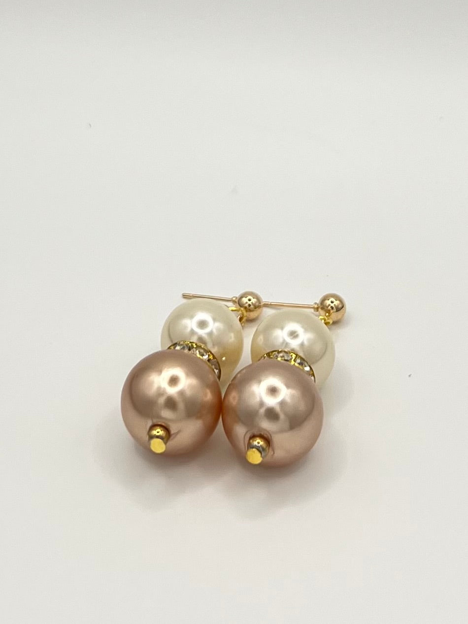 Gold Double Faux Pearl Dangle Earrings with Rhinestone Accent