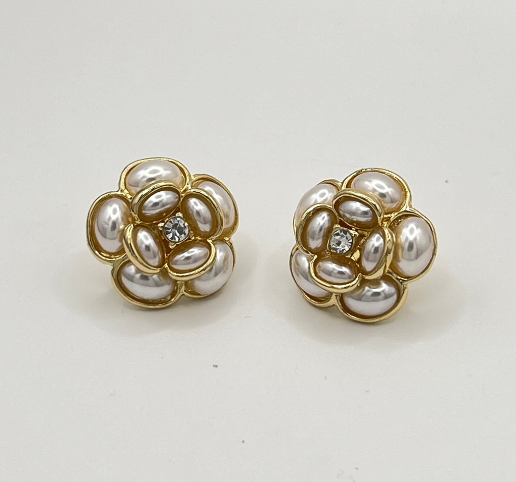 Floral Gold Tone Faux Pearl & Rhinestone Stud Earrings