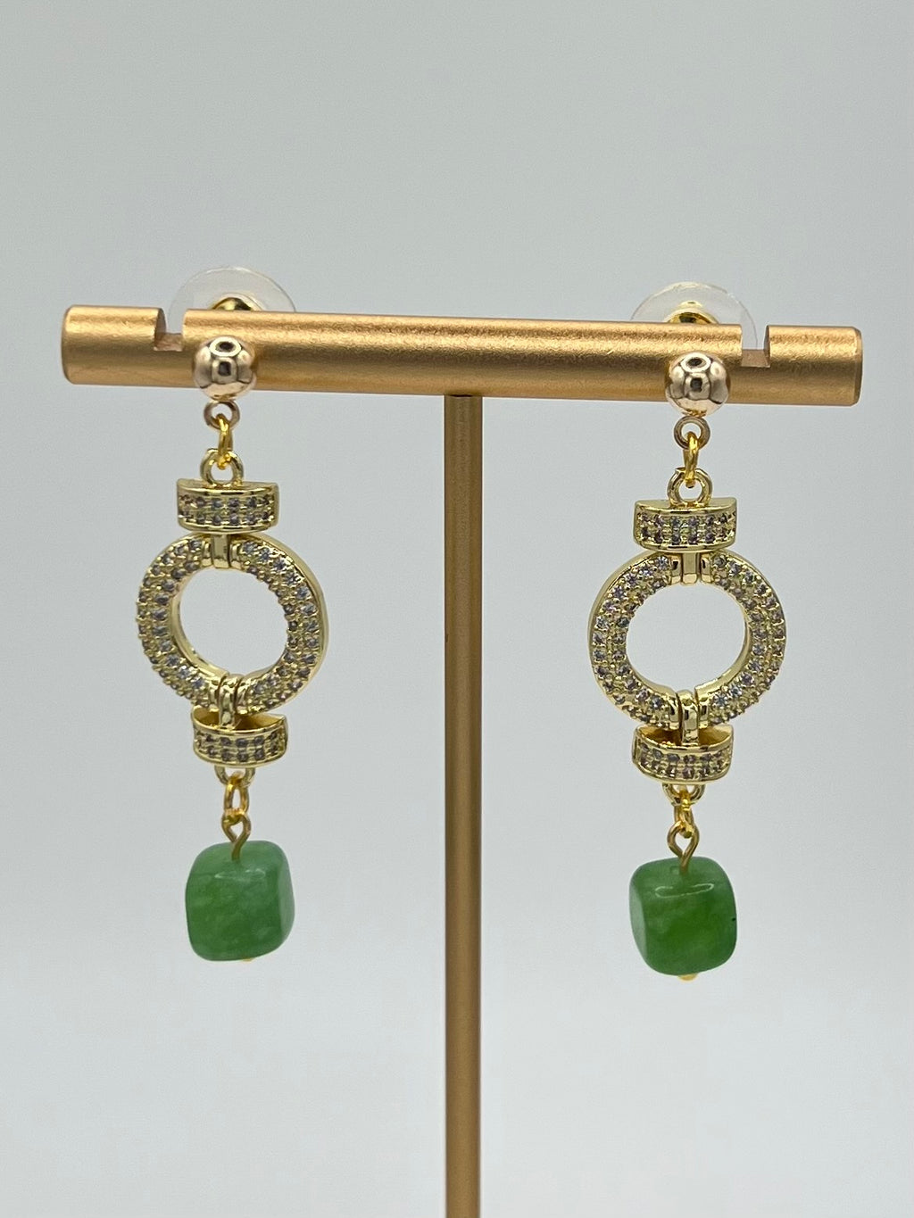 Gold Crystal Circle Drop Earrings with Green Stone