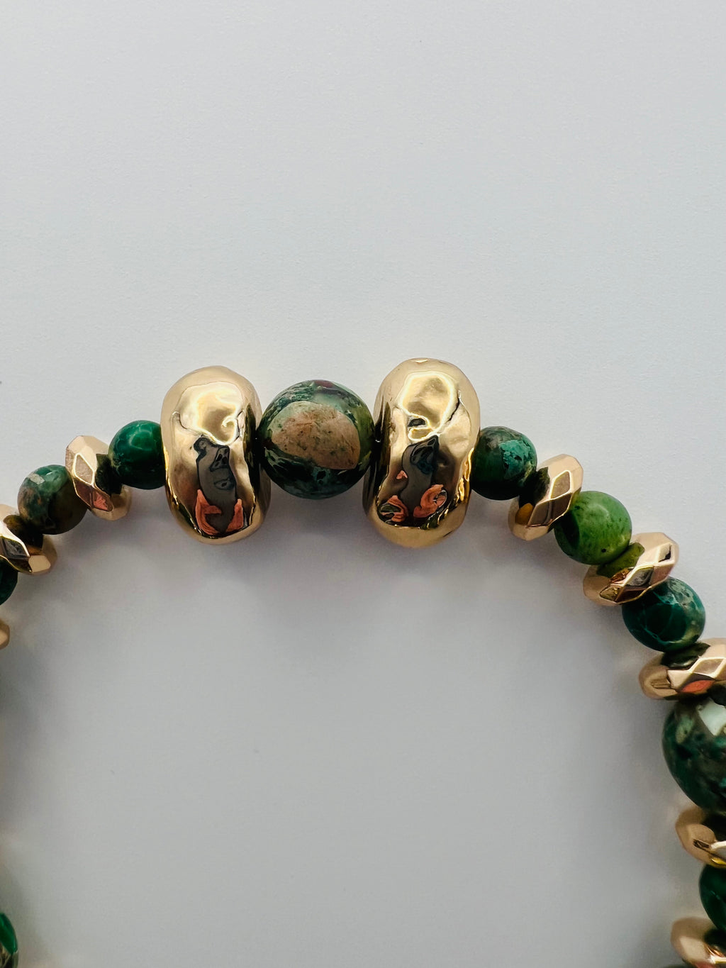 Green Stone & Gold Tone Bracelet with Gold Bead Accents