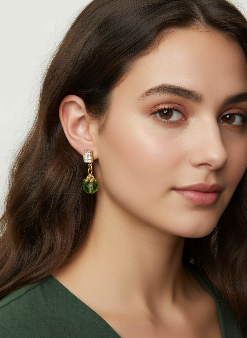 Gold Rhinestone Stud Earrings with Green Crystals