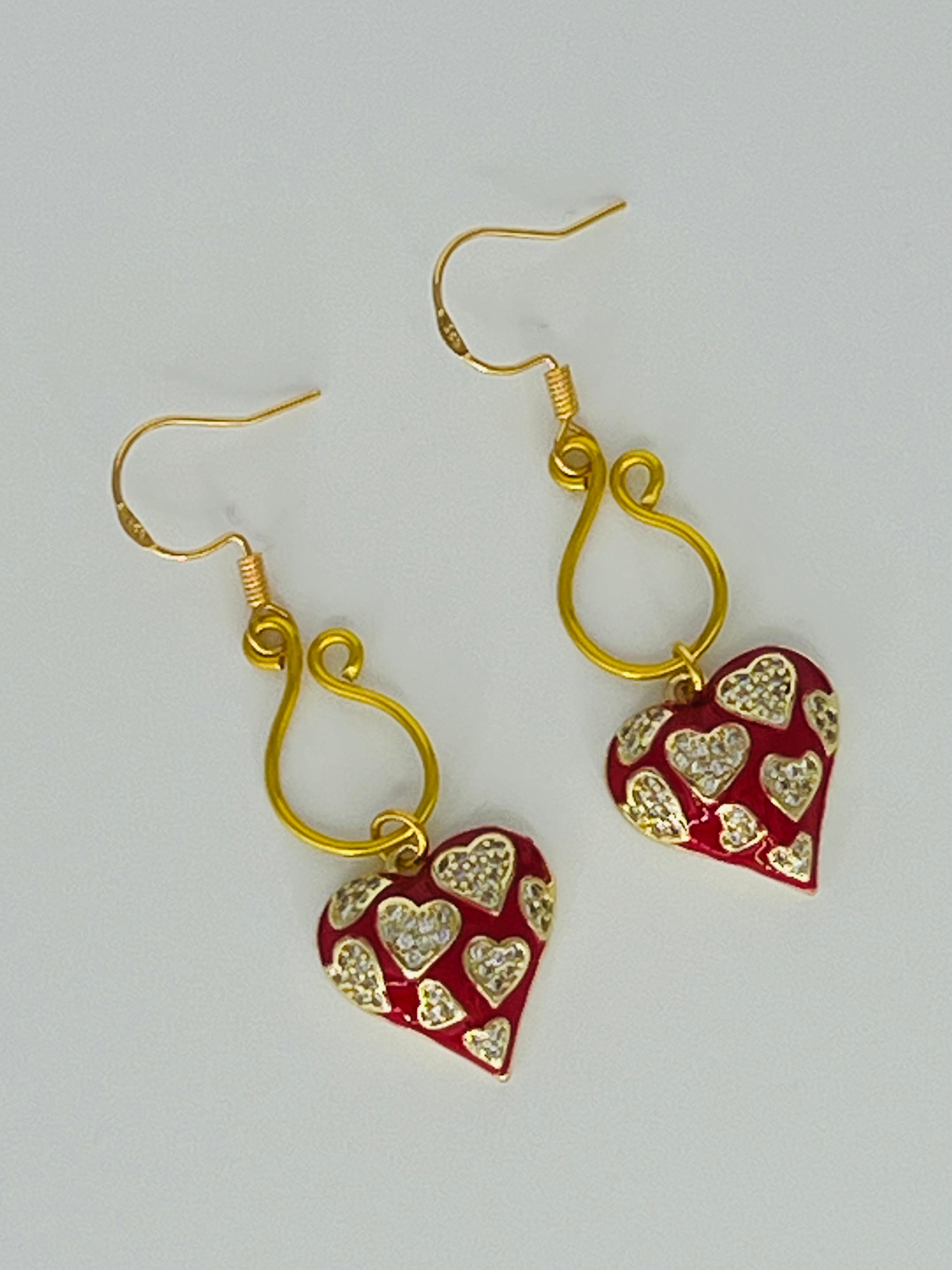 Hand-Shaped Gold Tone Dangle Earrings with Red and Gold Hearts