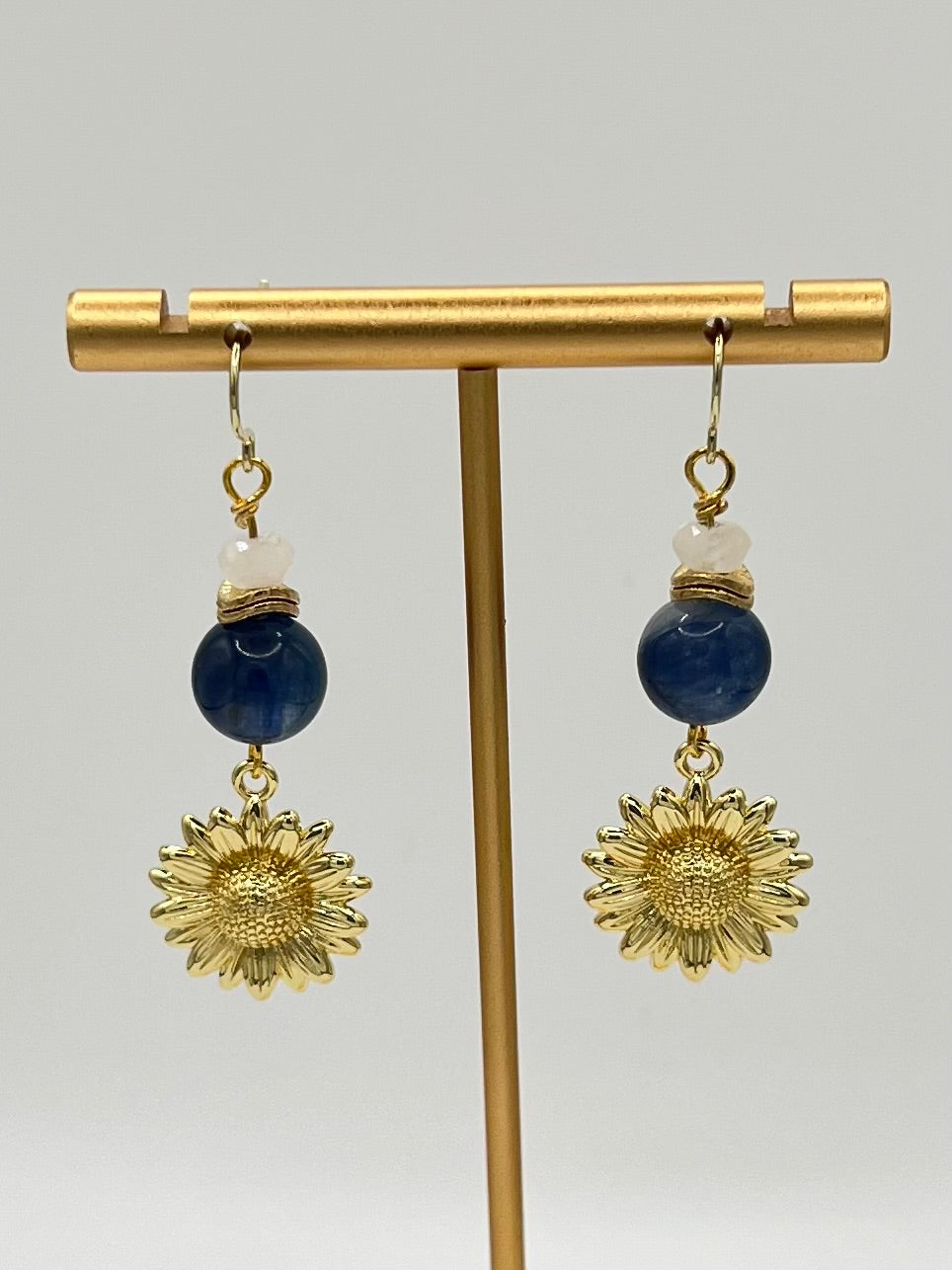 Gold Tone, Kyanite and Moonstone Sunflower Dangle Earrings