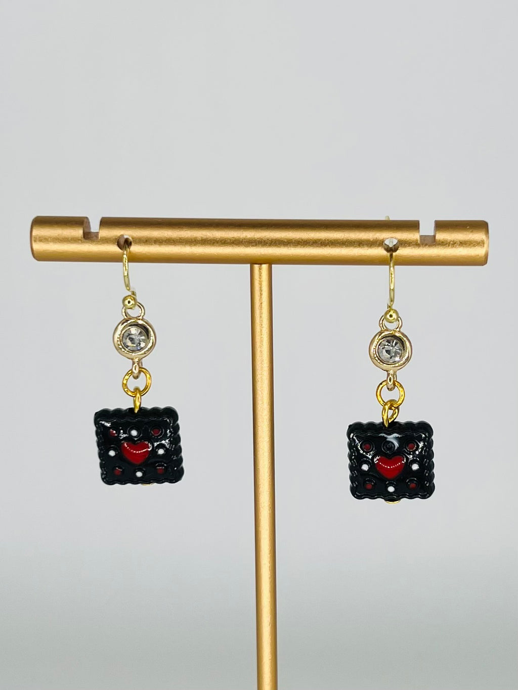 Black Square Bead with Red Heart Earrings