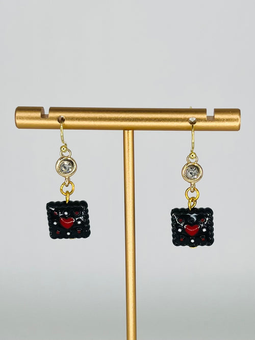 Black Square Bead with Red Heart Earrings