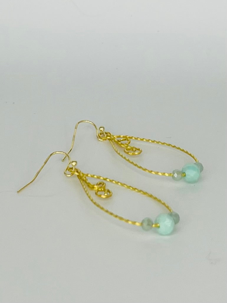 Hand Twisted and Shaped Gold Tone Teardrop Hoop Earrings with Turquoise Glass Beads