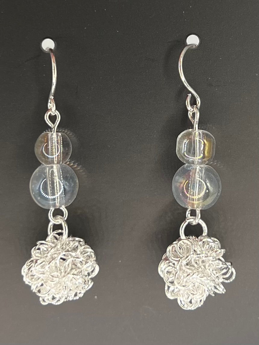 Silver Tone and Clear Beaded Dangle Earrings with Wire Cluster and Sterling Silver Ear Wires