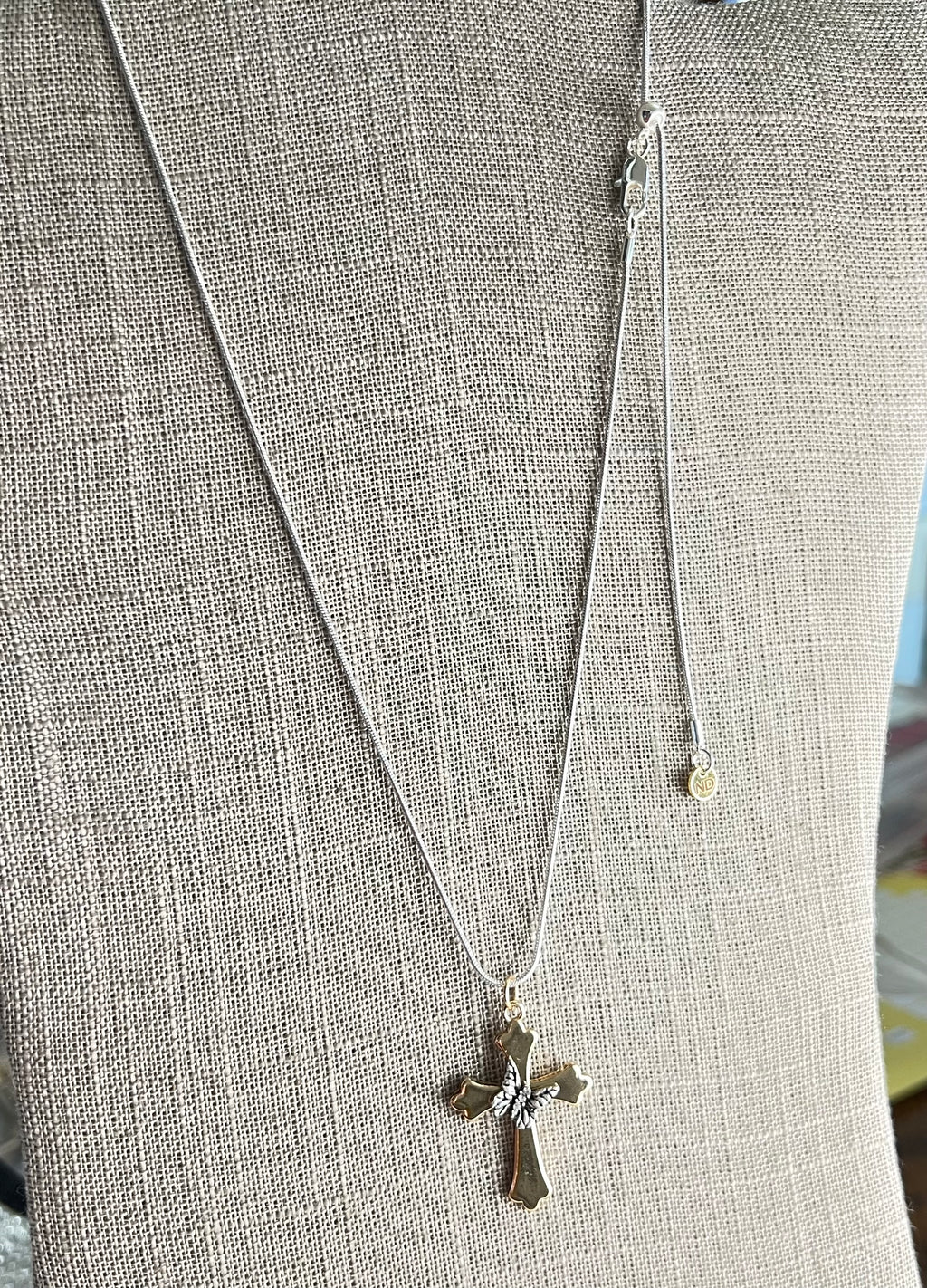 Gold and Silver Tone Cross Necklace with Butterfly Accent