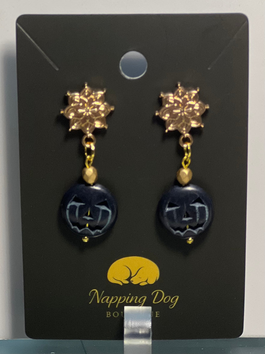 Navy Blue Ceramic Jack-O’-Lantern Dangle Earrings – Gold-Tone Halloween Earrings