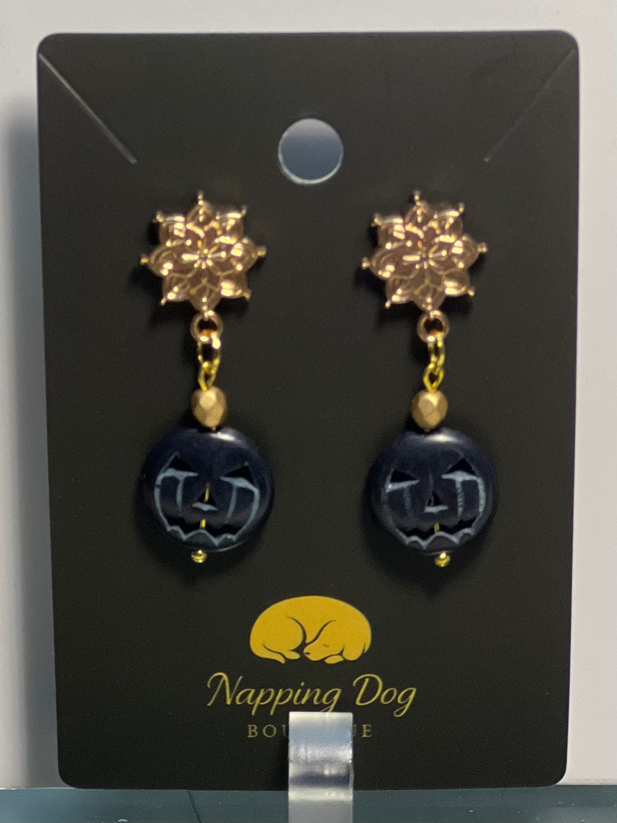 Navy Blue Ceramic Jack-O’-Lantern Dangle Earrings – Gold-Tone Halloween Earrings