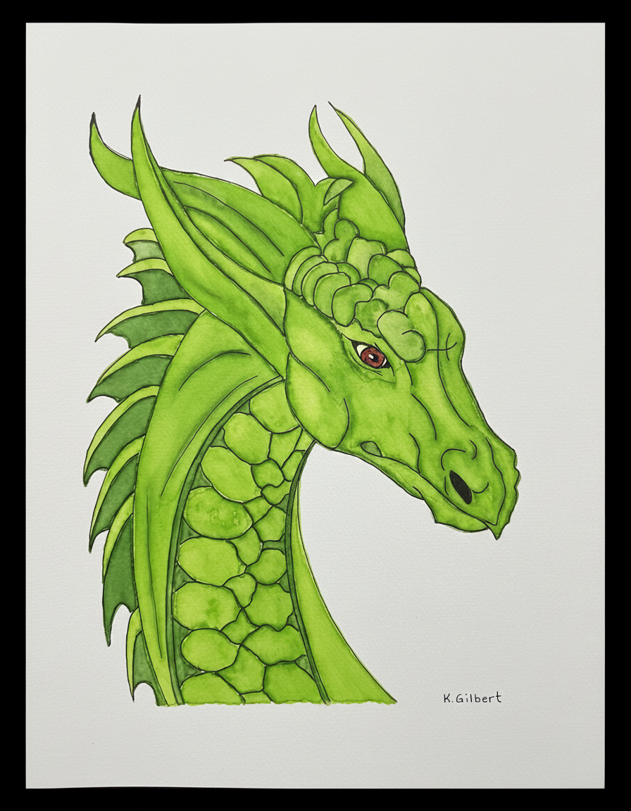 Watercolor Green Dragon Painting