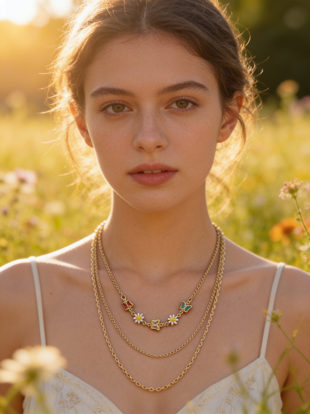 18K Gold-Filled Triple-Layer Butterfly & Daisy Necklace