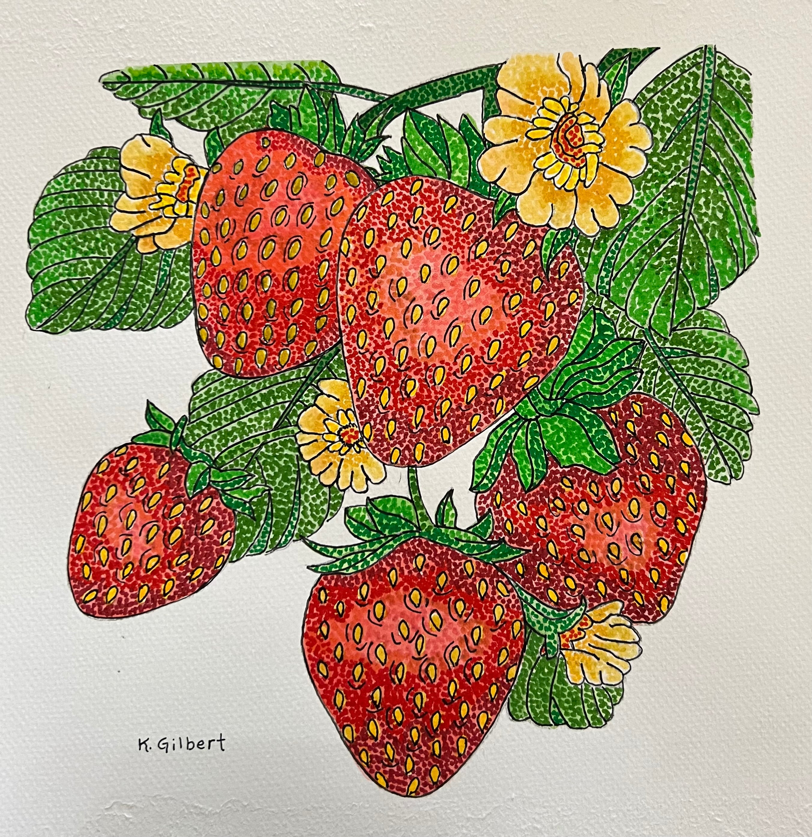 Strawberry Botanical Dot Painting – Original Watercolor (12x12)