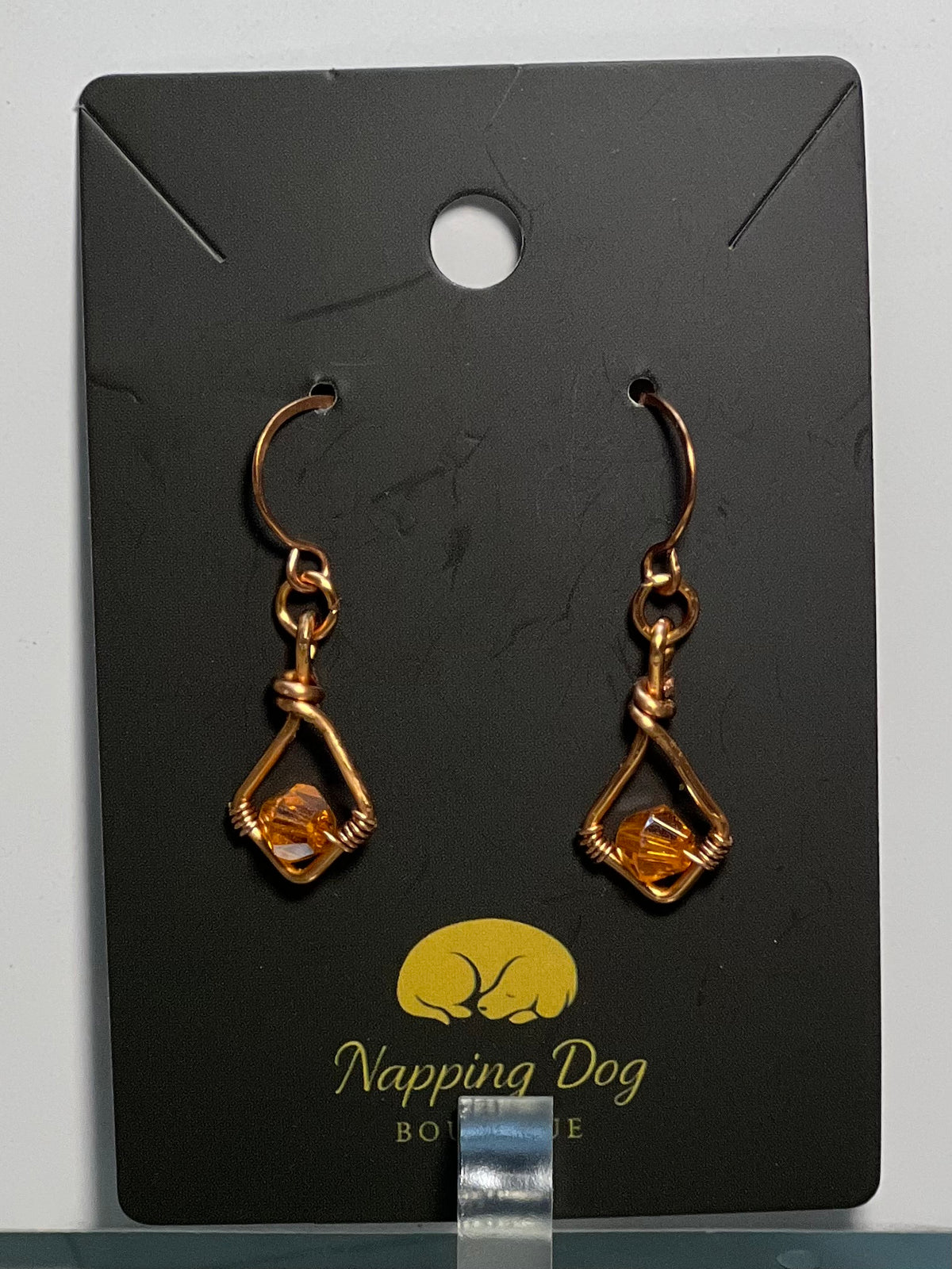 Hand-Wired Copper Geometric Dangle Earrings – Amber Bead Accent