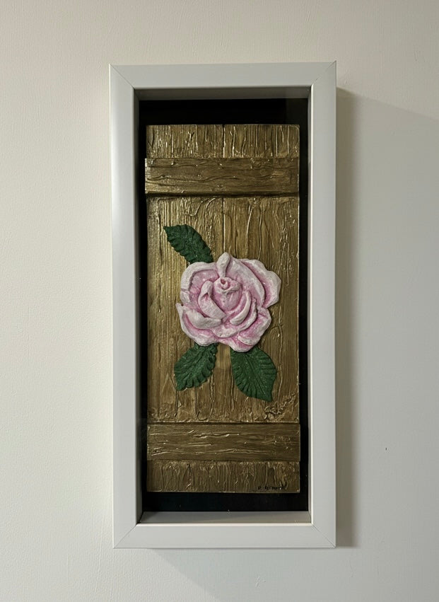 Textured Pink Rose Wall Art – Framed Rustic Floral Acrylic Painting