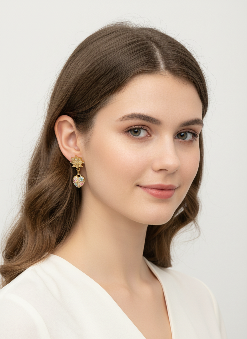 Gold Floral Heart Drop Earrings