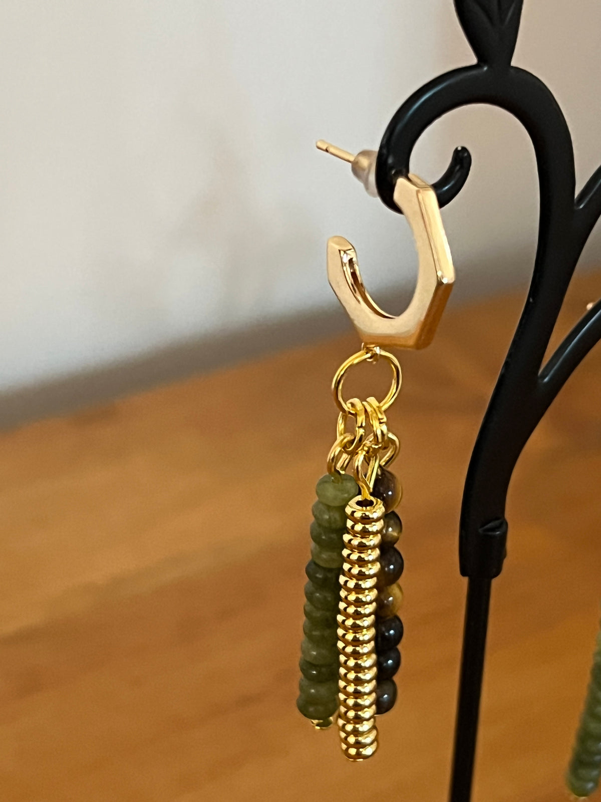 Tiger Eye & Olive Jade Triple-Drop Earrings - Golden Harvest Collection