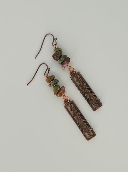 Copper Mountain Carved Earrings Accented with Pink and Green Stones