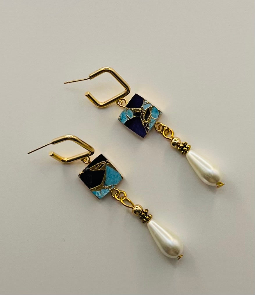 Purple and Turquoise Dangle Earrings with Faux Pearl Accents