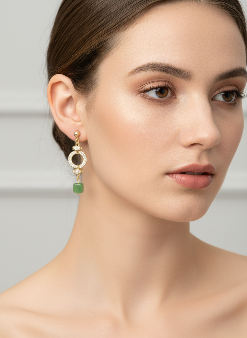 Gold Crystal Circle Drop Earrings with Green Stone