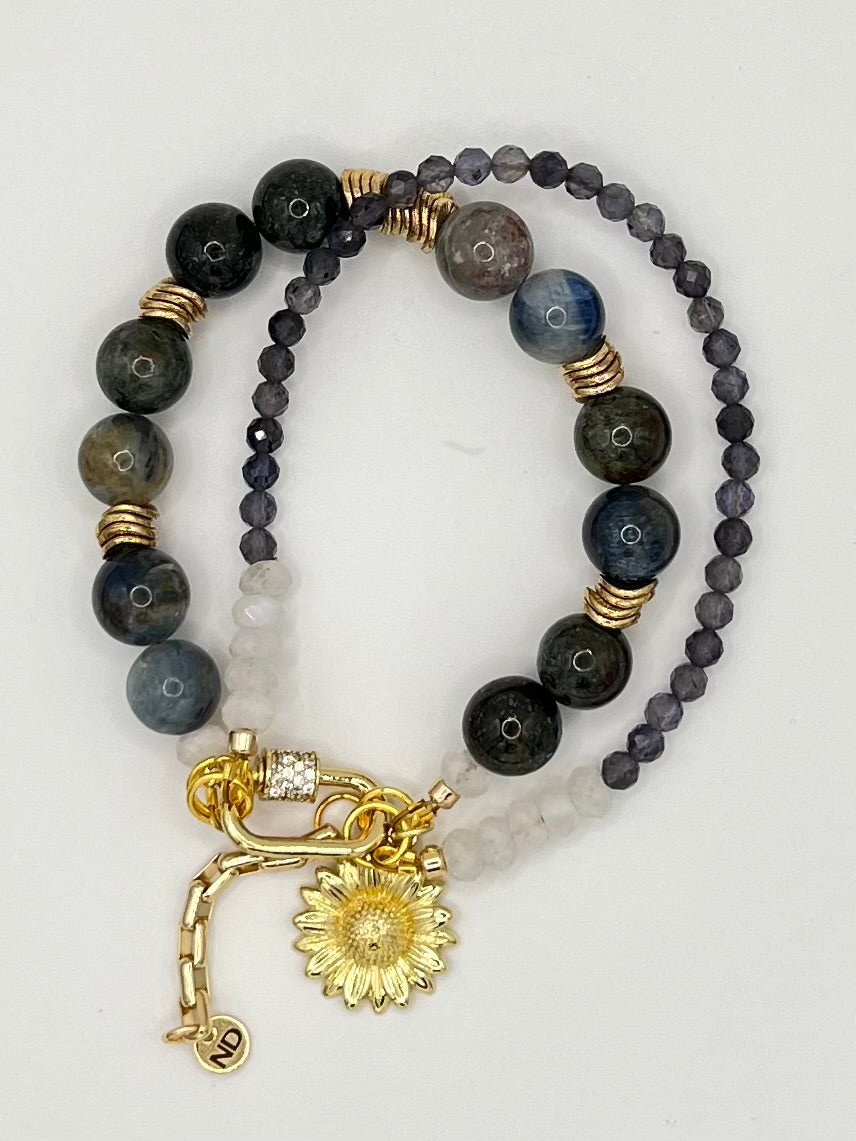 Gold Tone, Kyanite and Moonstone Sunflower Dangle Earrings