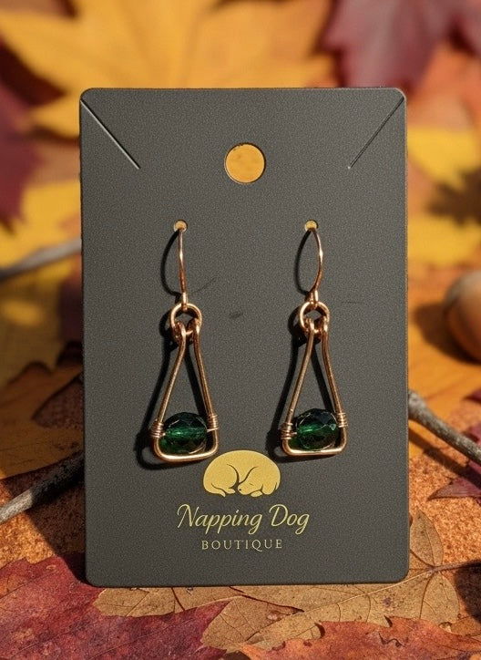 Hand Twisted Copper Earrings with Green Bead Accent