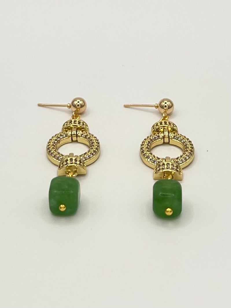 Gold Crystal Circle Drop Earrings with Green Stone