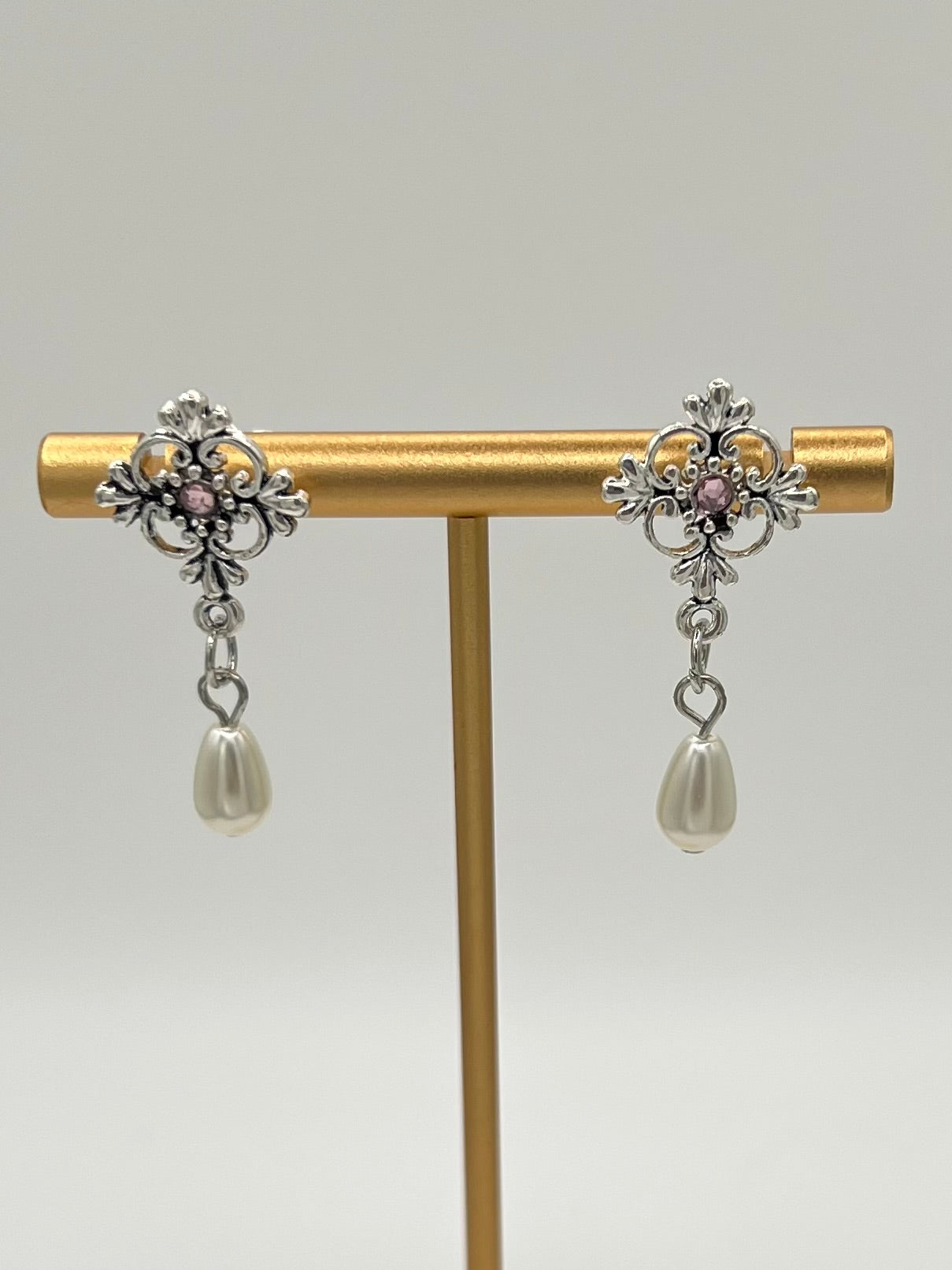 Silver Vintage-Inspired Pink Crystal & Pearl Drop Earrings
