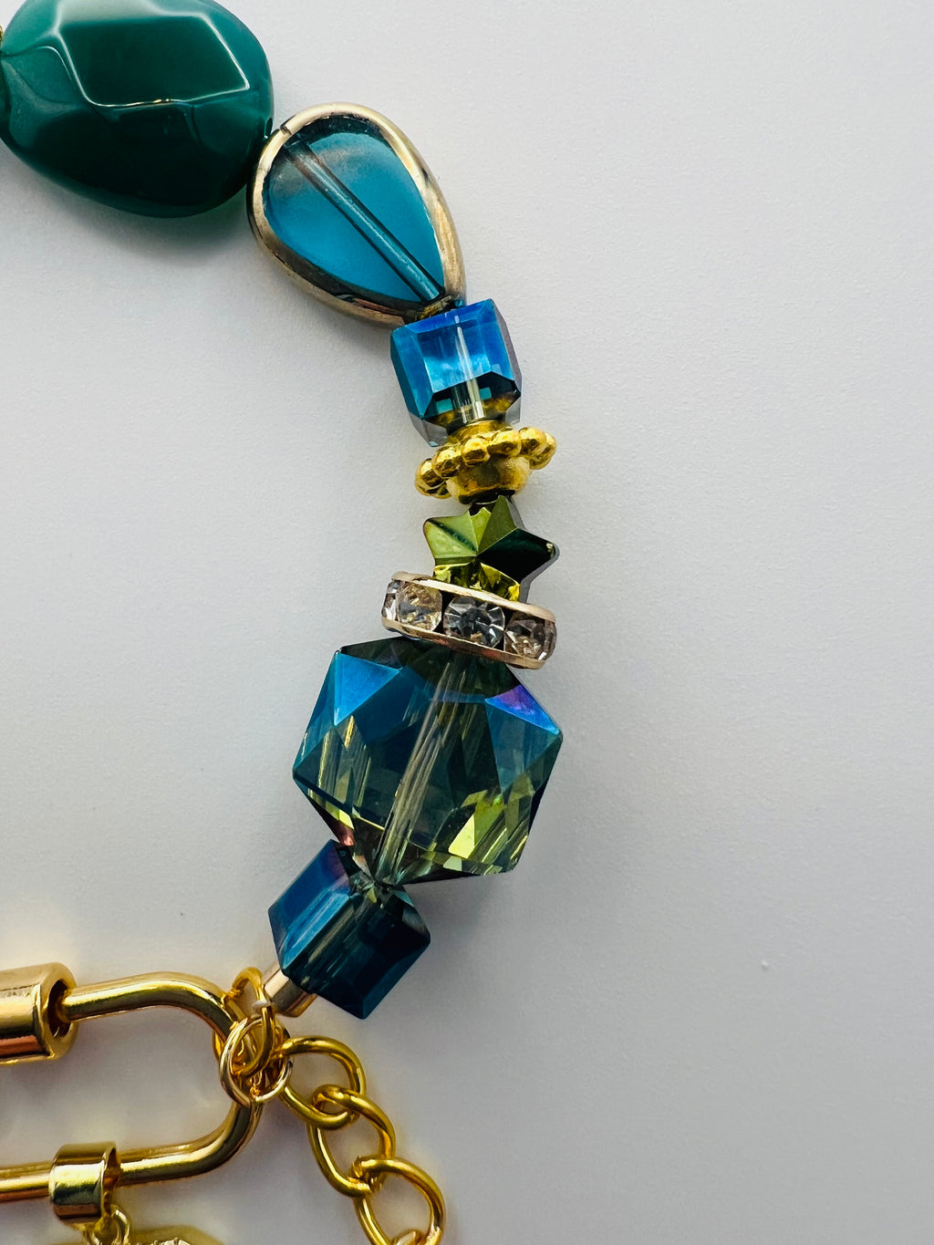 Turquoise & Green Stone/Bead Gold Tone Bracelet with Opal Charm
