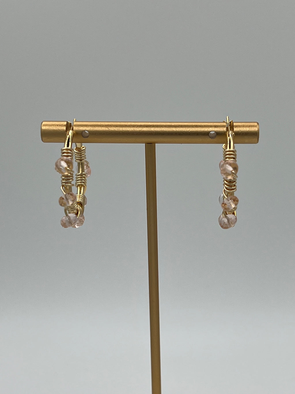 Hand-Wired Gold Hoop Earrings with Rose Pink Glass Beads