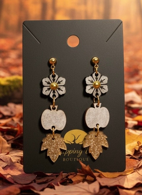 Floral Pumpkin & Glitter Leaf Dangle Earrings – Gold-Tone Fall Earrings
