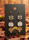 Floral Pumpkin & Glitter Leaf Dangle Earrings – Gold-Tone Fall Earrings