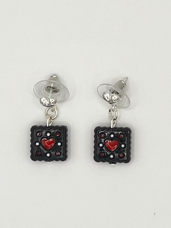 Black & Red Heart Square Drop Earrings