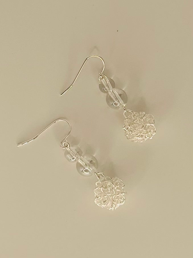 Silver Tone and Clear Beaded Dangle Earrings with Wire Cluster and Sterling Silver Ear Wires