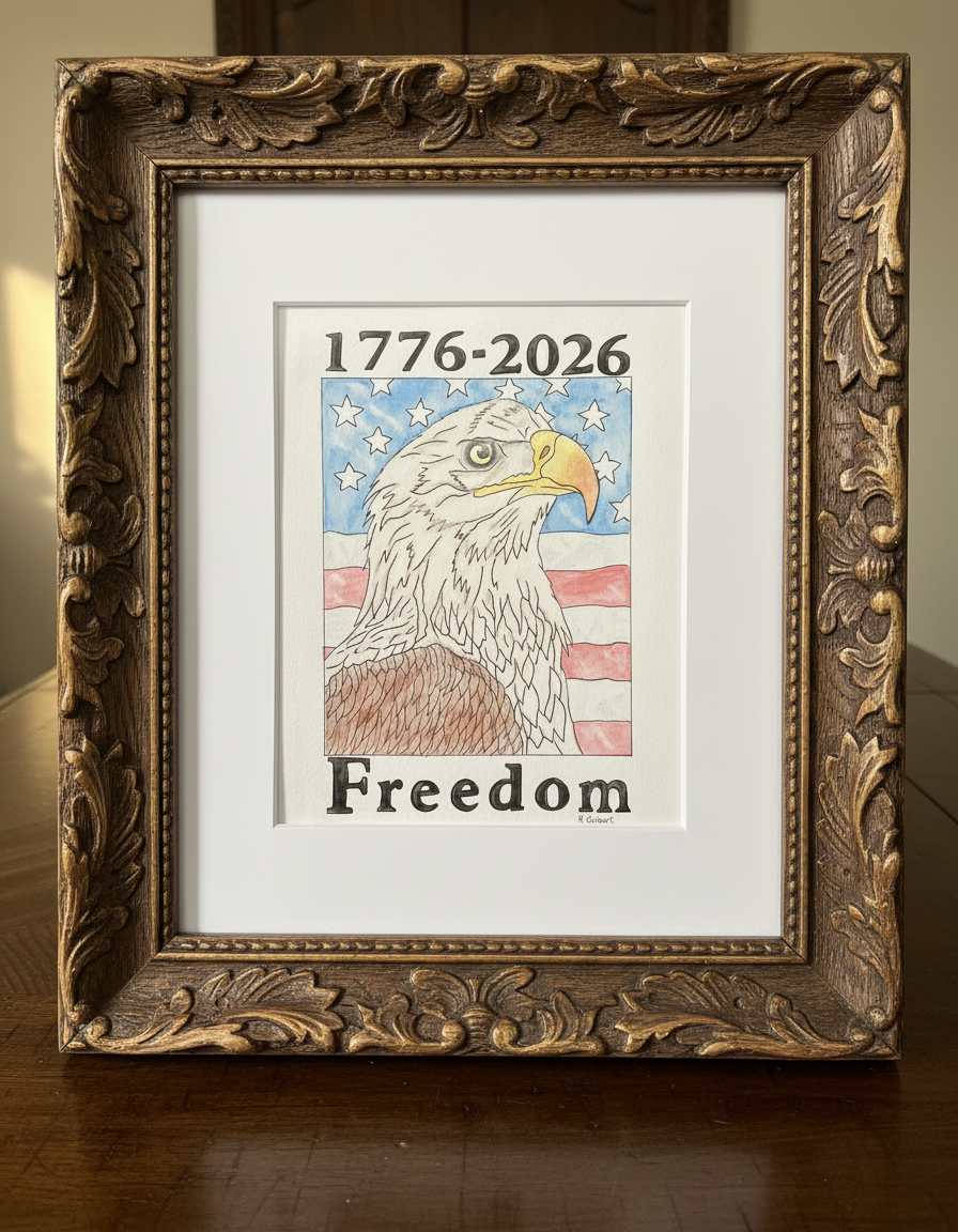 Patriotic Bald Eagle Watercolor (9x12) – 1776–2026 Freedom Art