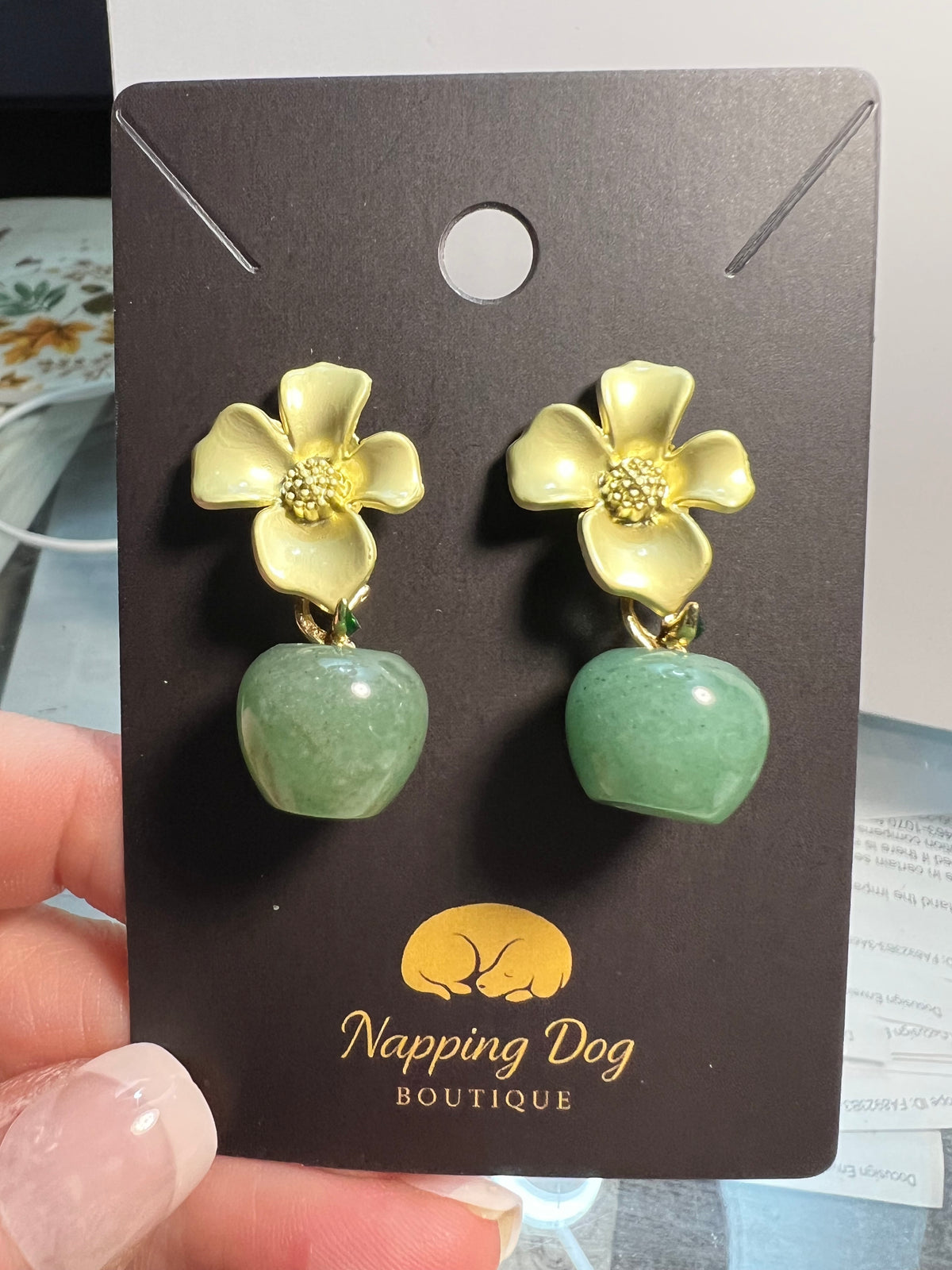 Green Aventurine Dangle Earrings with Gold-Tone Flower Posts – Natural Stone Ear