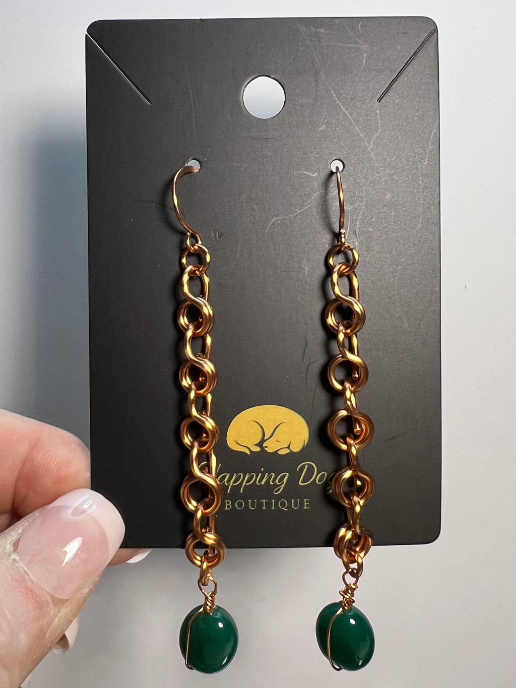 Hand-Twisted Copper Chain Dangle Earrings with Green Stone Drops