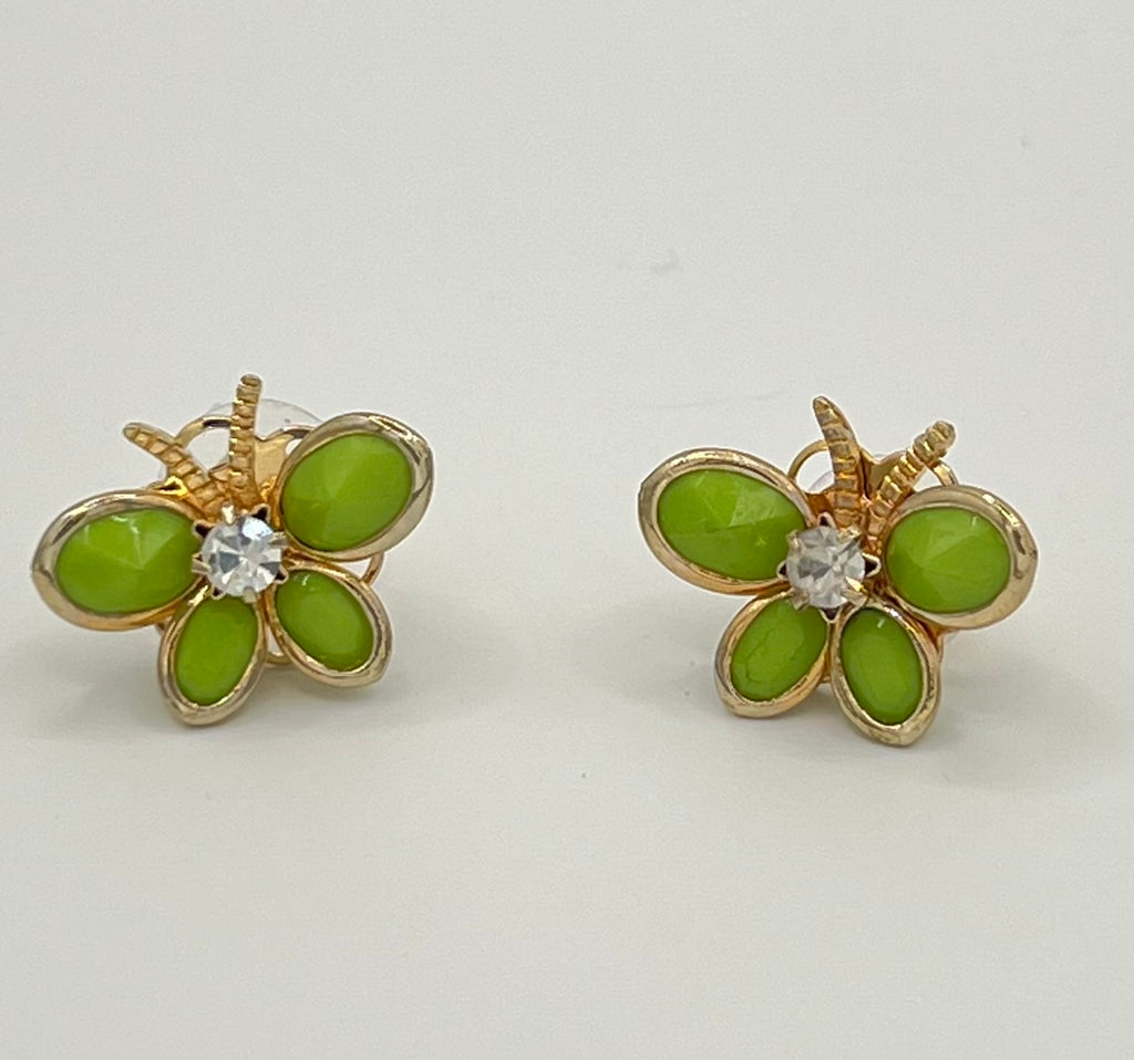 Green Bead Butterfly Stud Earrings with Crystal Accent