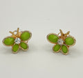 Green Bead Butterfly Stud Earrings with Crystal Accent