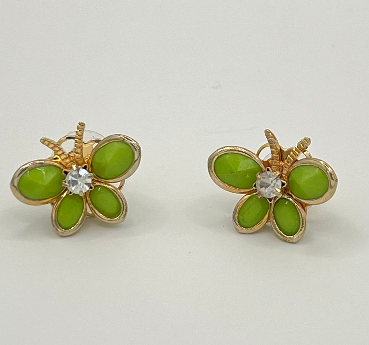 Green Bead Butterfly Stud Earrings with Crystal Accent