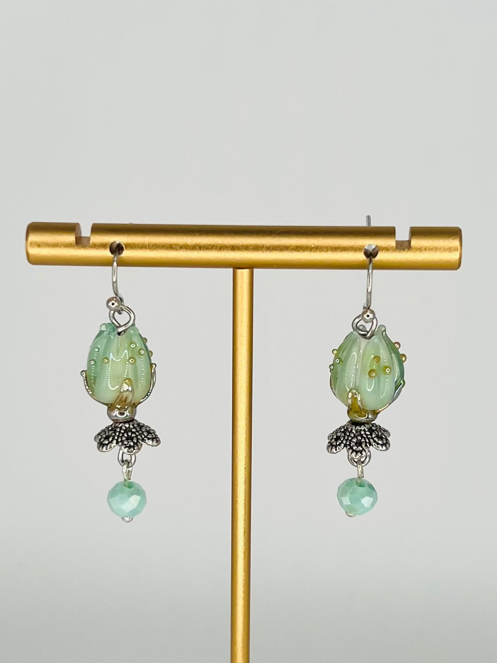 Green and Silver Tone Glass Tulip Earrings with Sterling Silver Ear Wires