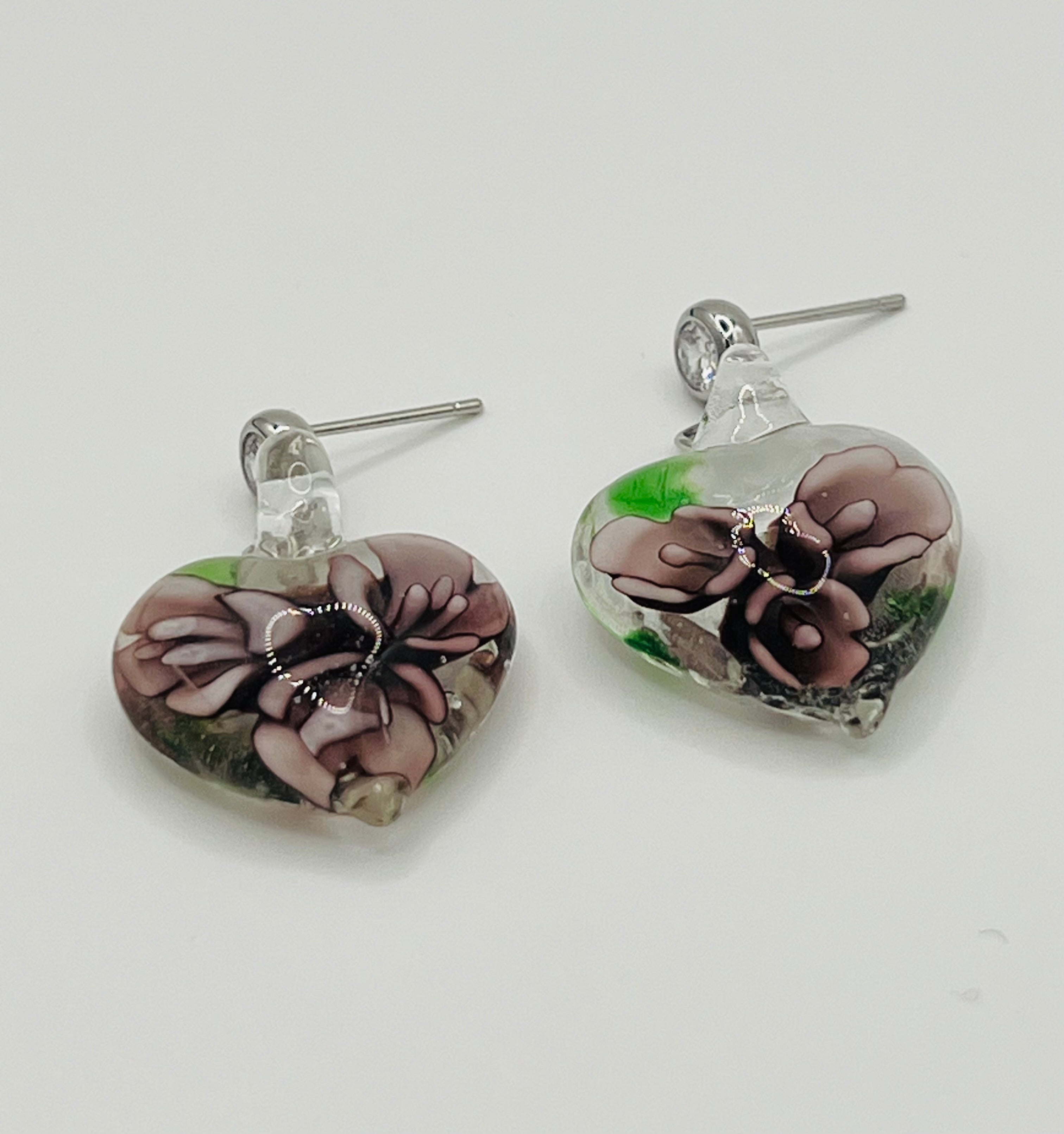 Purple Floral Murano Glass Dangle Earrings in Sterling Silver