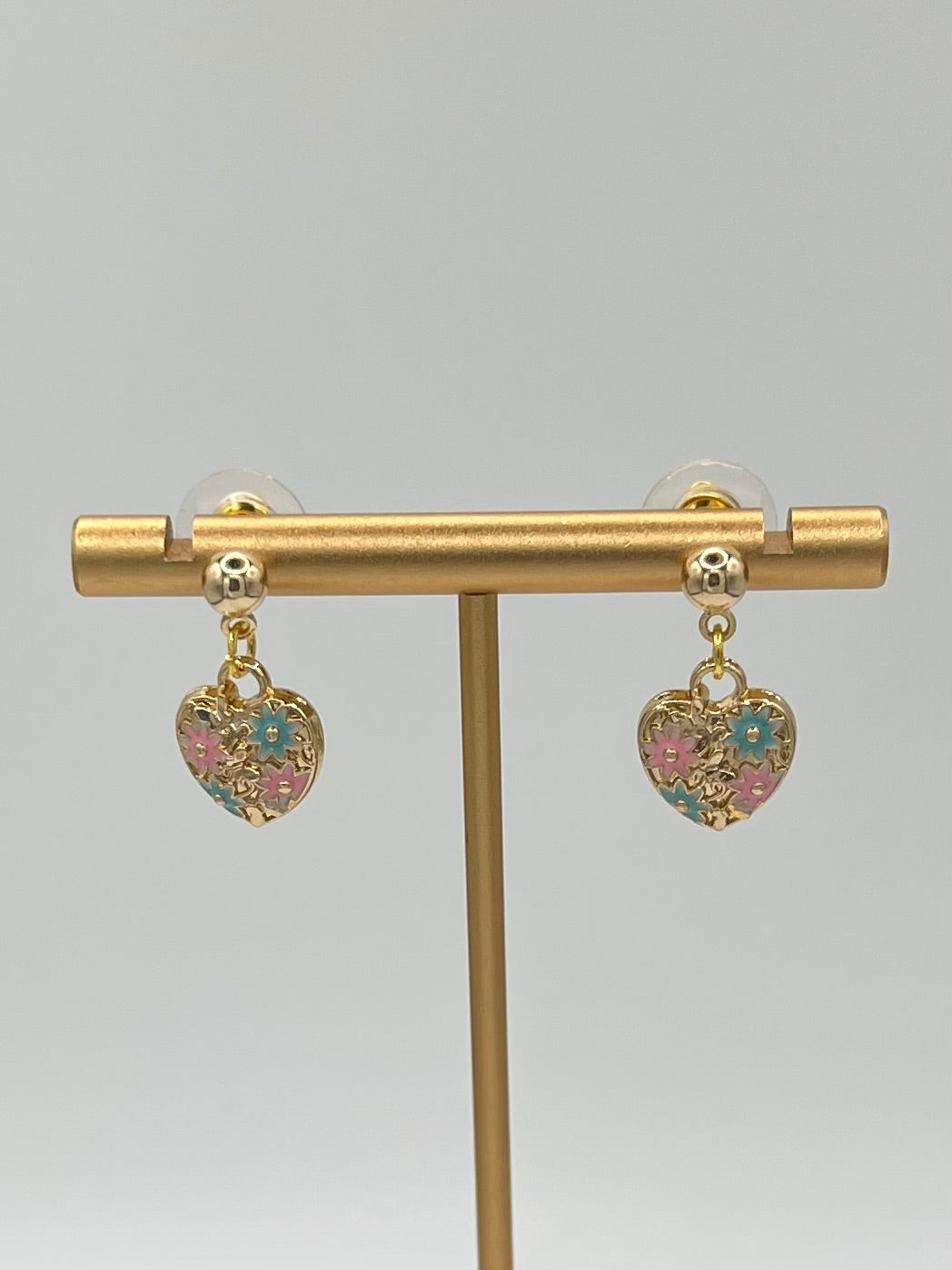 Gold Floral Heart Drop Stud Earrings