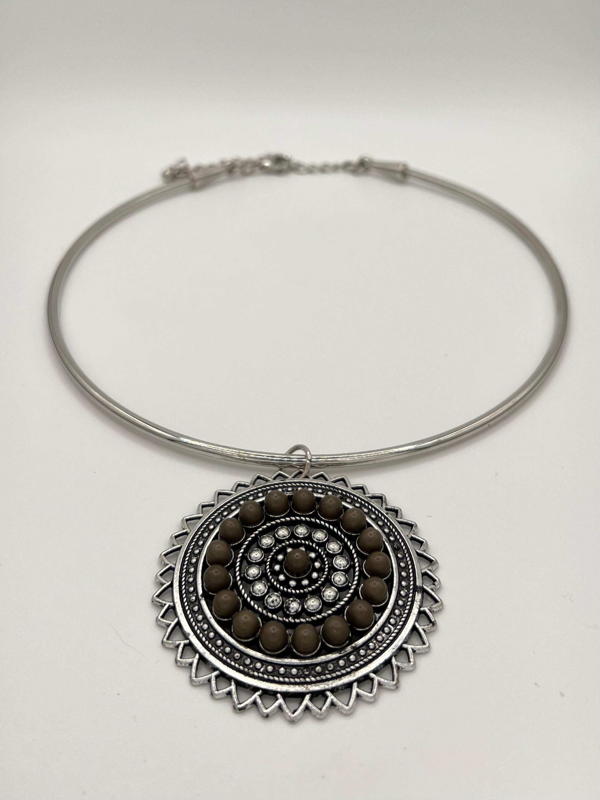 Silver Tone Mandala Medallion Choker Necklace – 5.5” Circumference