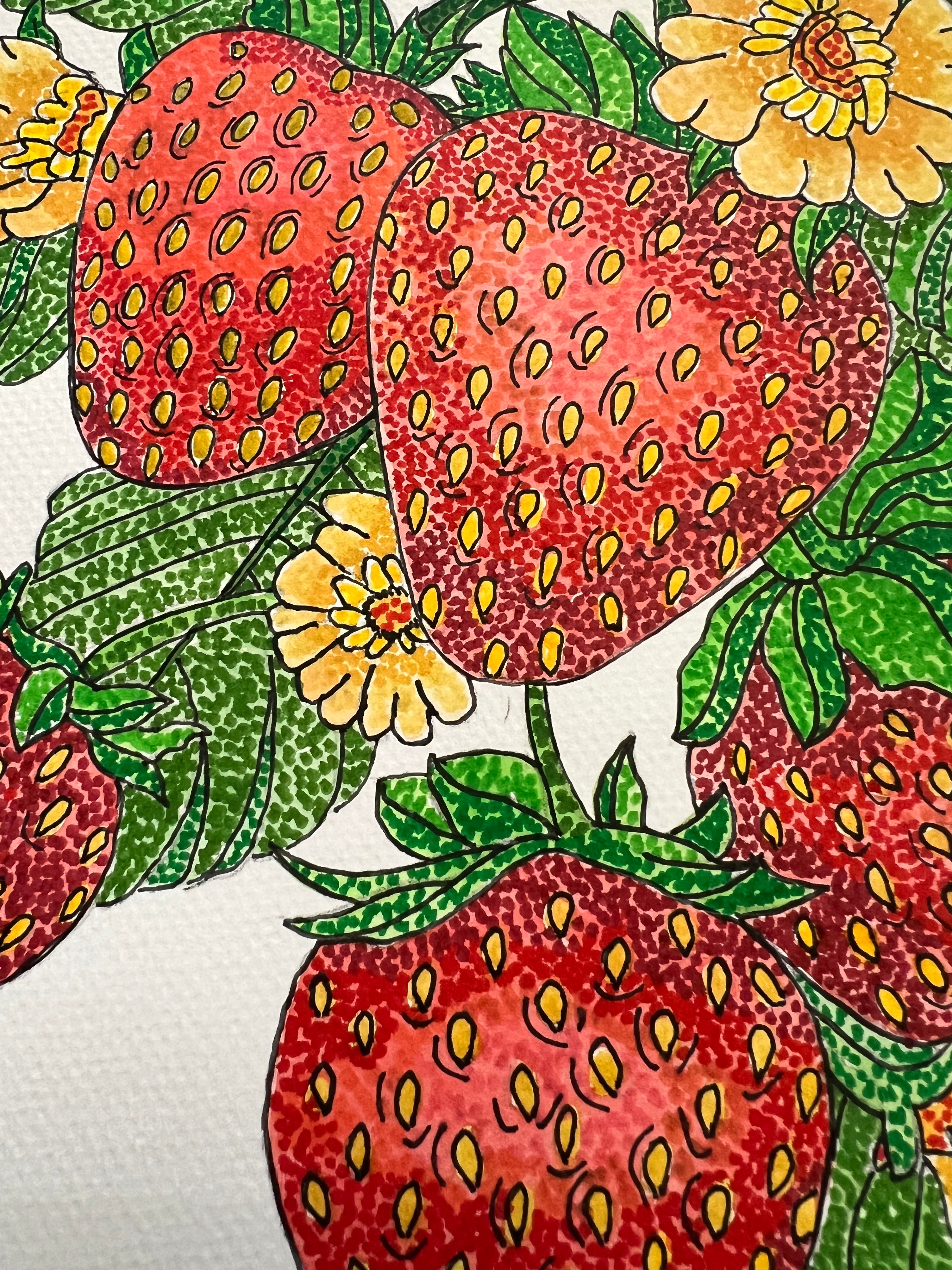Strawberry Botanical Dot Painting – Original Watercolor (12x12)