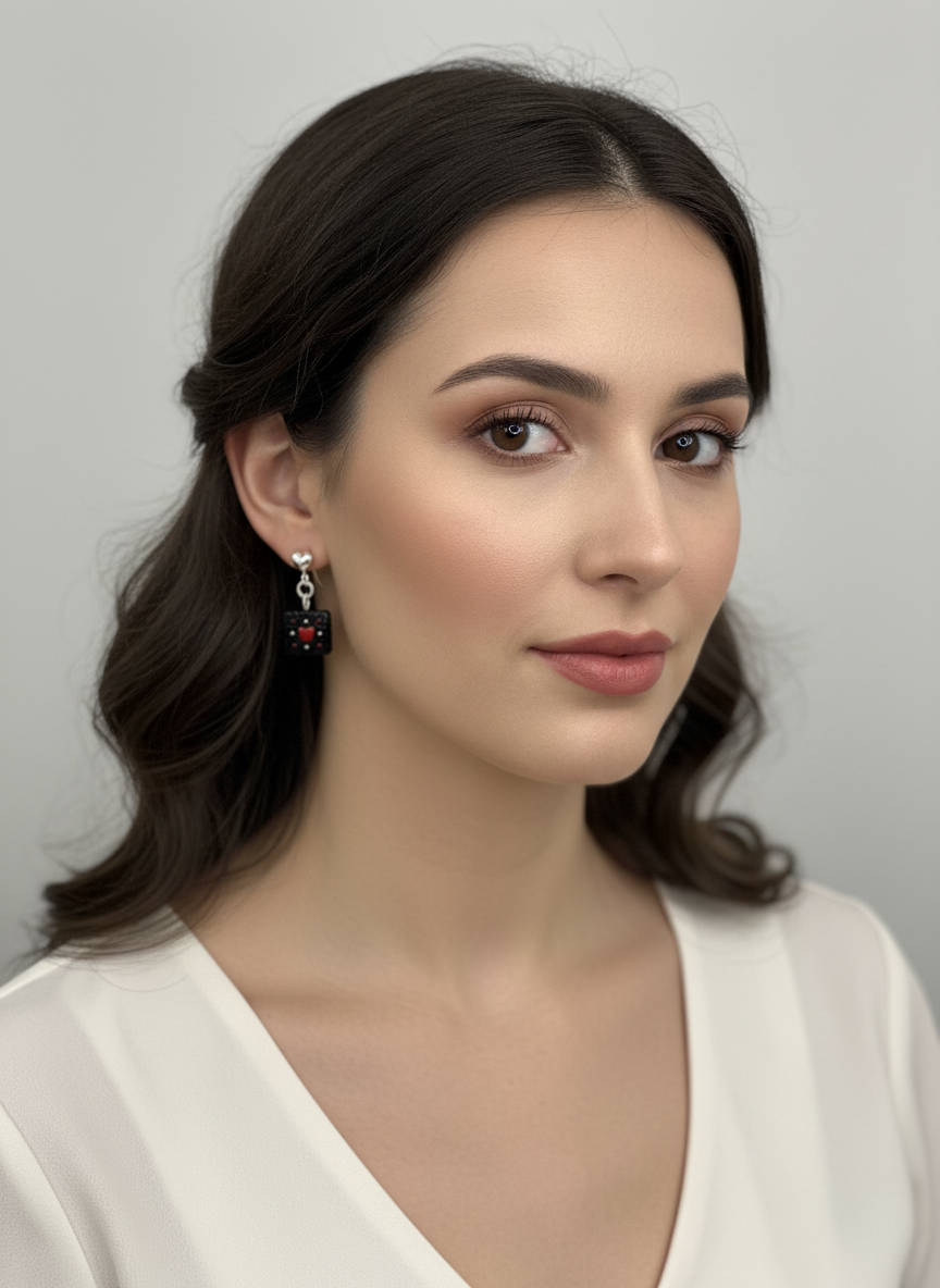 Black & Red Heart Square Drop Earrings