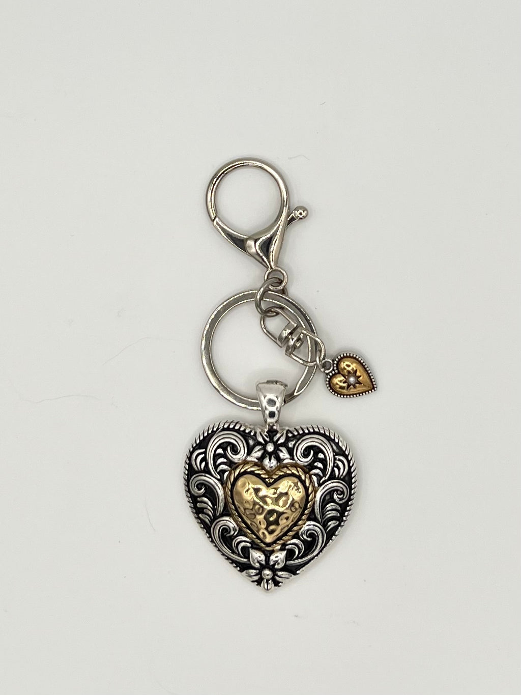Mixed Metal Heart Keychain with Gold Tone Accent