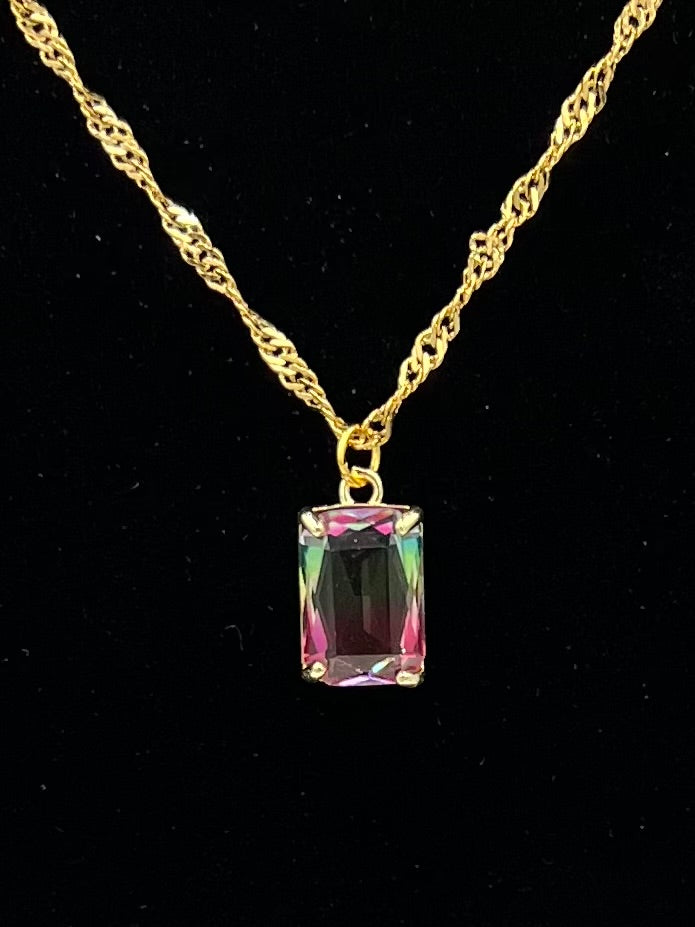 Emerald-Cut Mystic Rainbow Pendant Necklace