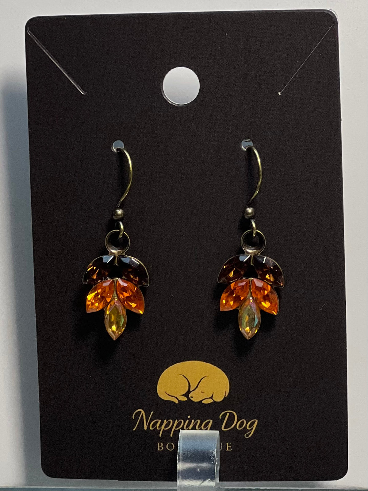 Autumn Crystal Leaf Dangle Earrings – Amber, Brown & Golden Yellow